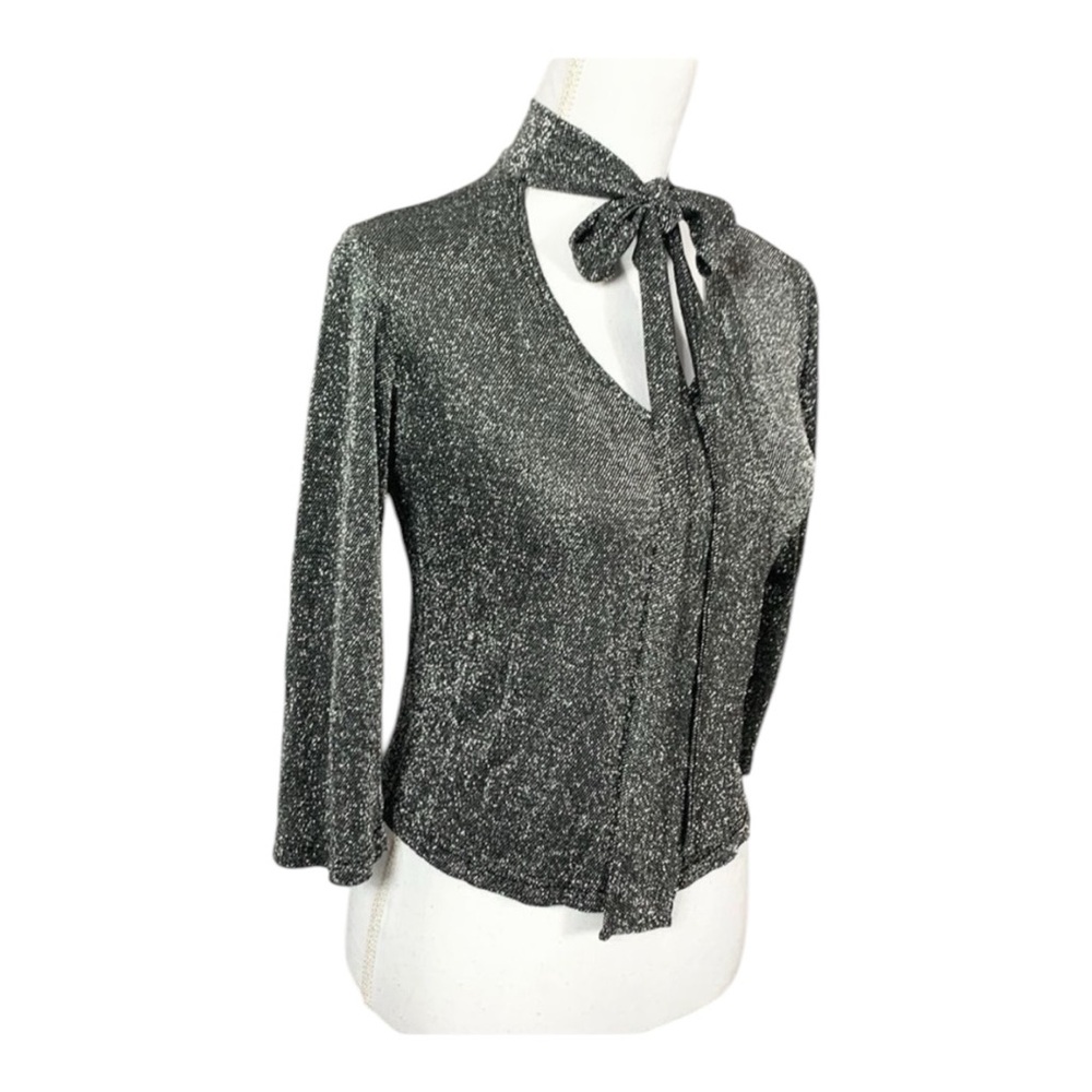 Heavenly VINTAGE Black & Silver Metallic Neck Tie 3/4 Sleeve Stretchy Top Small - Picture 3 of 7